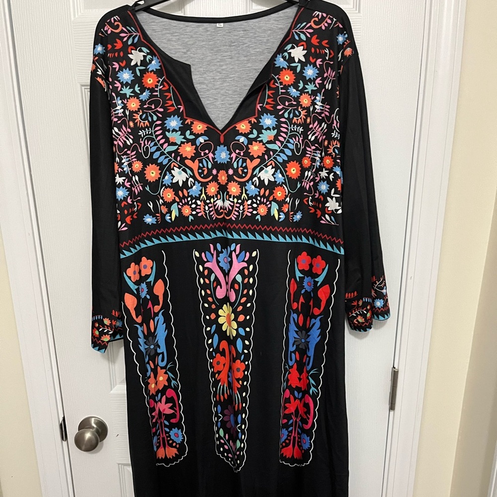 Black Floral Maxi Dress with Multi-Color Embroidered Print